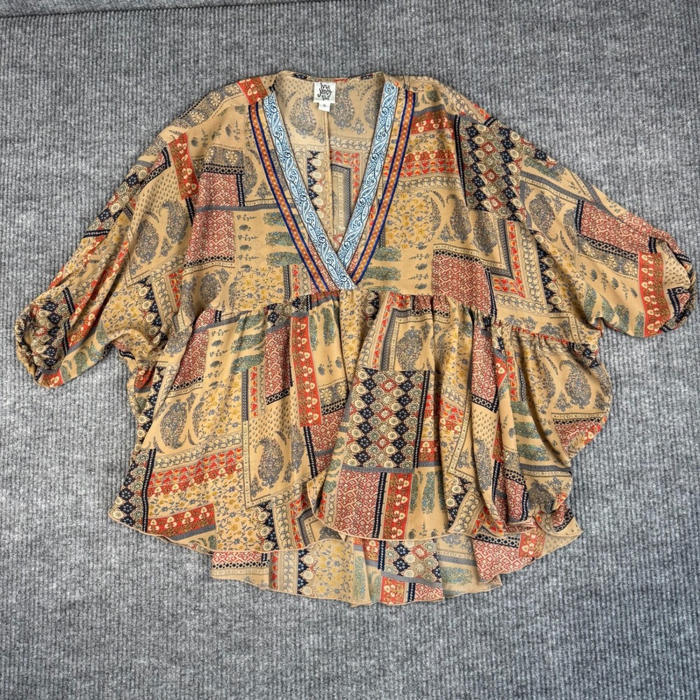 Ivy Jane Top Womens S Oversized Patchwork Print Babydoll Peasant Tunic Blouse